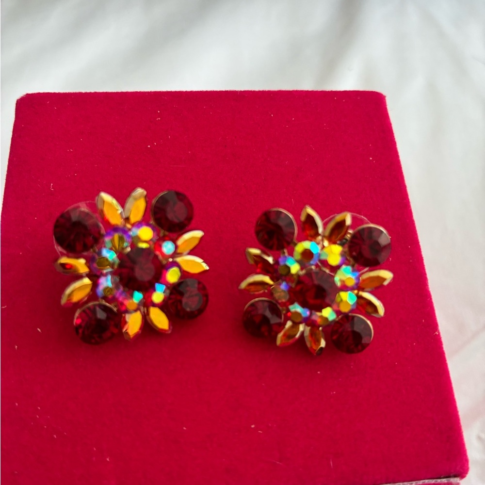 Vince Camuto Gold-Tone Floral Stud Earrings with Red and Iridescent Crystals